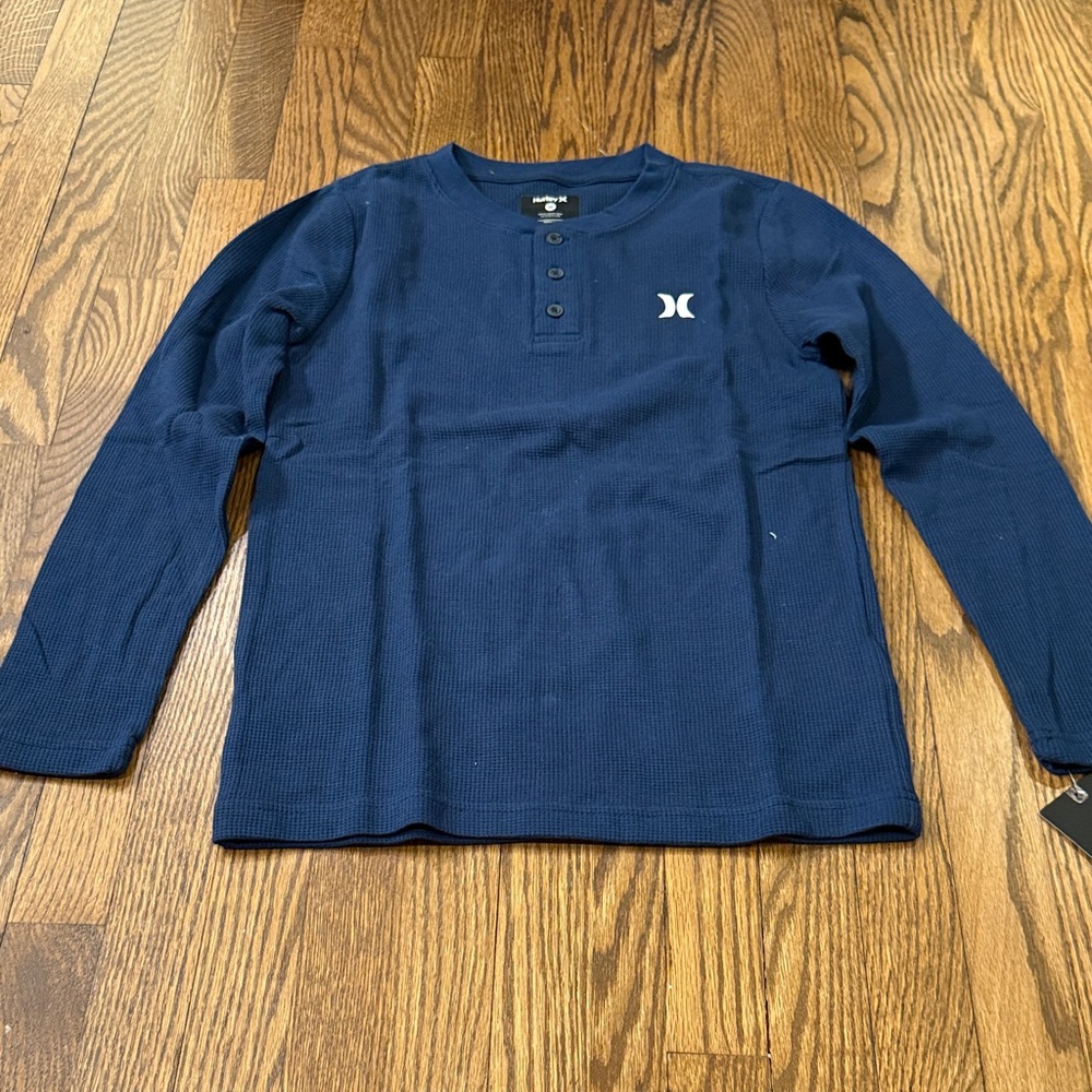 NWT Hurley Boys Navy Blue Waffle Henley Long Sleeve Size Medium